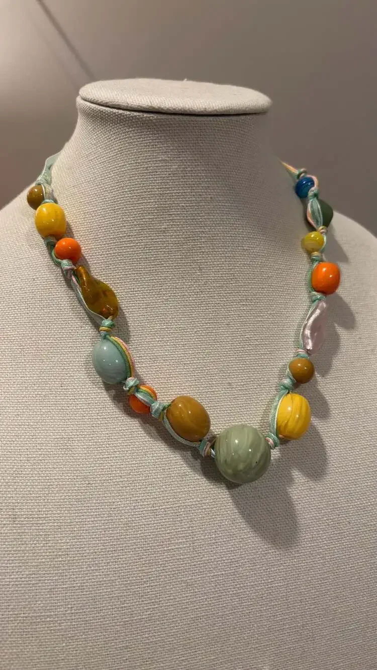 Bohemian Multi-Color Resin Glass Bead Statement Necklace Ribbon Cord
